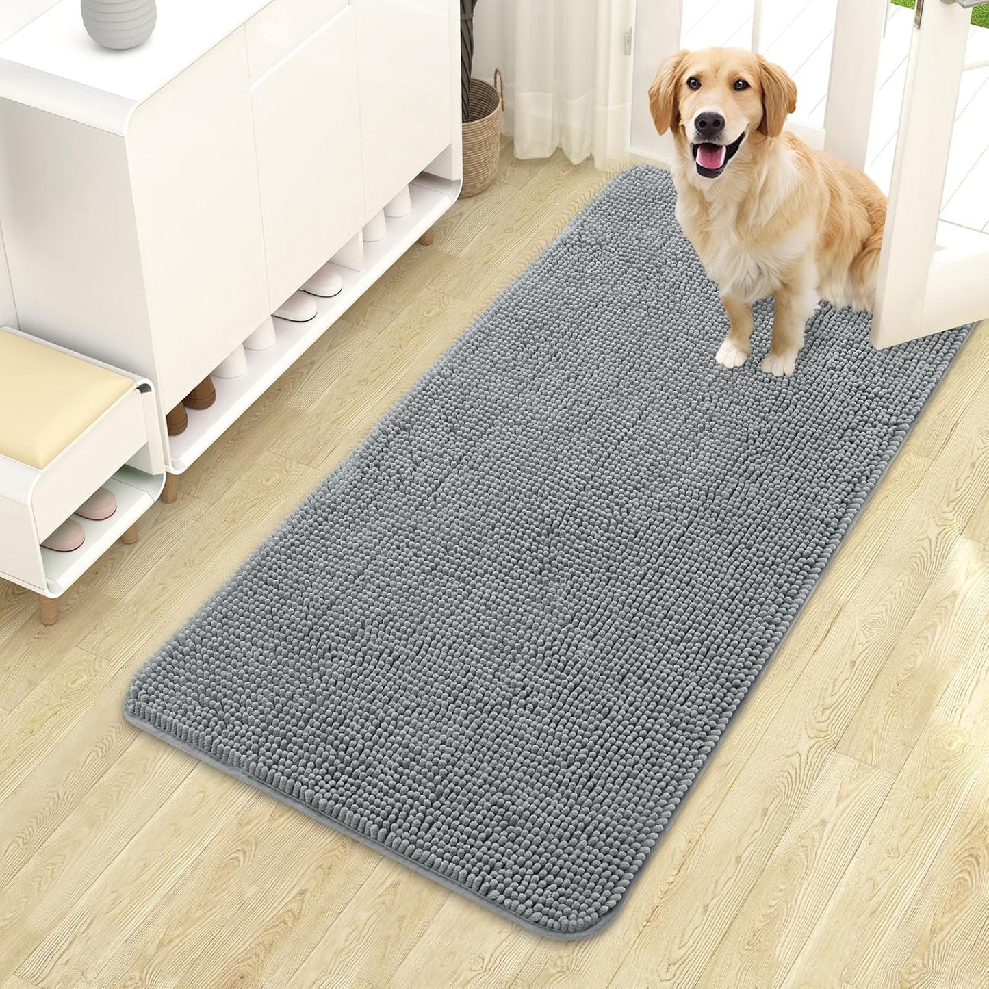 OLANLY Dog Door Mat - Absorbent Non-Slip Mud Mat for Dogs | Quick Dry Chenille, 44x24, Grey