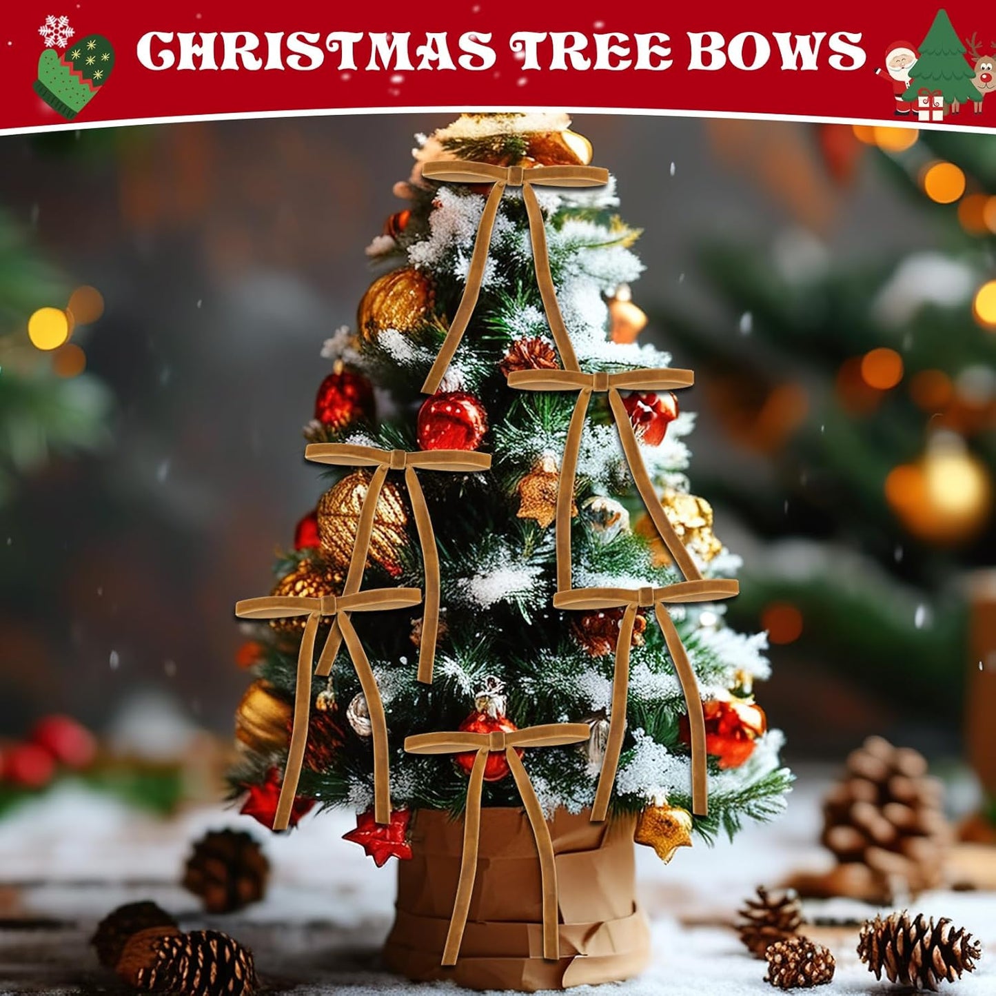 Skiennix 24 Pcs Velvet Bows - Elegant Khaki Christmas Tree Ornaments | 5”x7” Pre-Tied Holiday Décor