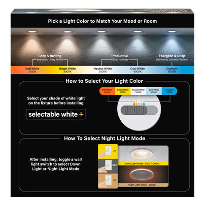 Feit Electric 6" LED Canless Recessed Downlight with Night Light Mode and Integrated J-Box, 85W EQ, Dimmable, 5CCT Selectable White, 90 CRI, 1200 Lumens, 45 Year Lifetime, 4 Pack, LEDR6XT/HO/NL5CCTCA4