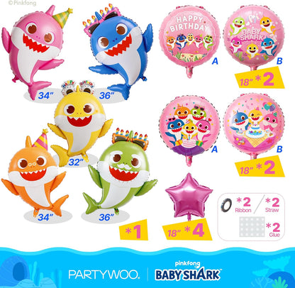PartyWoo Baby Shark Family Foil Balloons - 13pcs Pink Round & Star Mylar Helium Balloons for Kids' Birthday Party Decorations