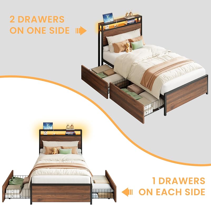 LIKIMIO Walnut Twin XL Bed Frame with DIY Storage Drawers & LED Headboard