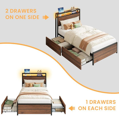 LIKIMIO Walnut Twin XL Bed Frame with DIY Storage Drawers & LED Headboard