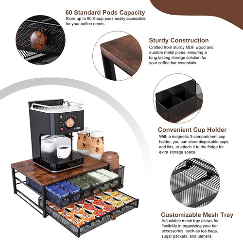 IZLIF Coffee Bar Organizer, 60 Capacity K Cup Organizer for Countertop, 2 Tier Sliding Coffee Pod Storage Drawer with Disposable Cup & Lid Holder, Black