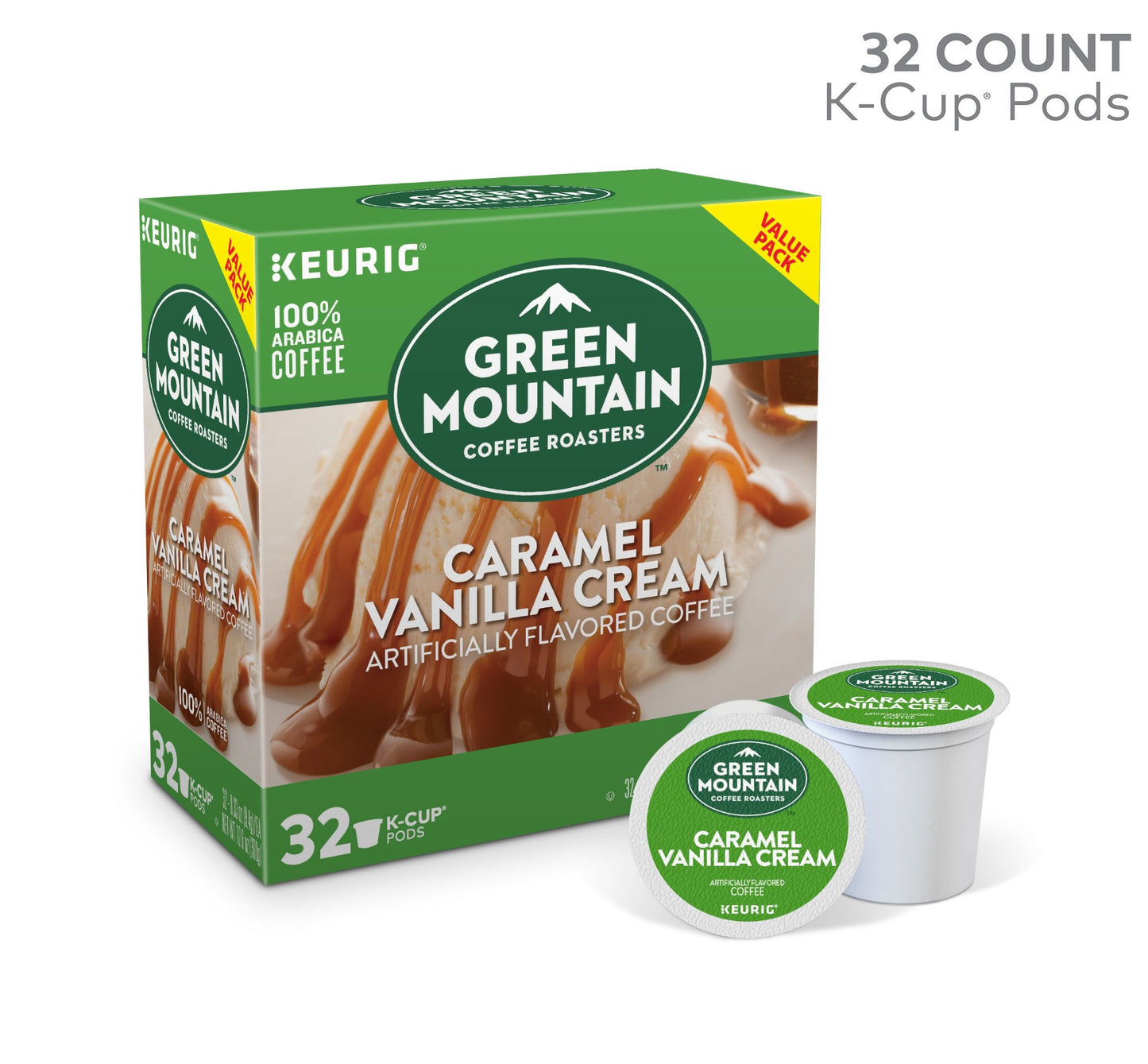 Green Mountain Coffee Caramel Vanilla Cream Keurig Single-Serve Light Roast Coffee K-Cup Pods, 32 Count