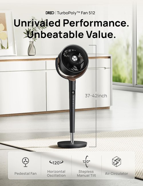DREO Oscillating Standing Fan - Quiet 9-Speed Pedestal Fan with 120° Rotation & Adjustable Height 37-42" - Dark Gray