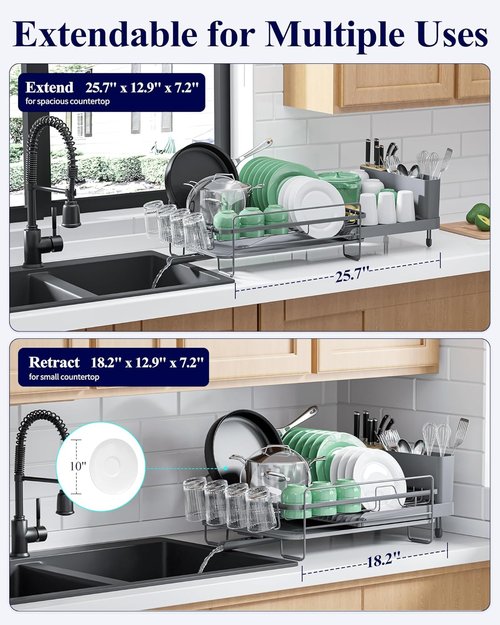 Kitsure Extendable Dish Drying Rack - Large Multifunctional Rack with Cutlery & Cup Holders | Grey, 18.2"-25.7" L x 12.9" W