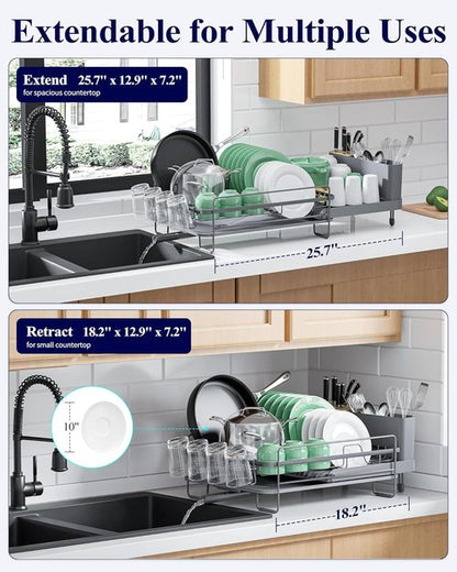 Kitsure Extendable Dish Drying Rack - Large Multifunctional Rack with Cutlery & Cup Holders | Grey, 18.2"-25.7" L x 12.9" W