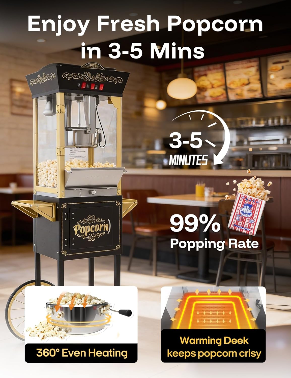 Skiennix Popcorn Machine - 12oz Retro Professional Maker with Warming Deck | 64-Cup Capacity for Home Theater & Parties - Black and Gold
