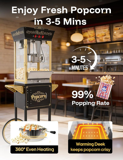 Skiennix Popcorn Machine - 12oz Retro Professional Maker with Warming Deck | 64-Cup Capacity for Home Theater & Parties - Black and Gold