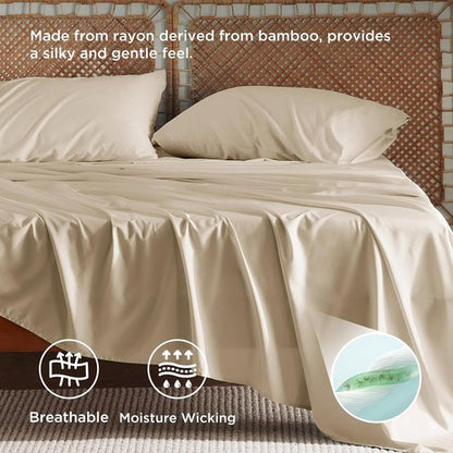 Bedsure Queen Sheet Set - Cooling Bamboo Rayon Sheets | Deep Pocket, Breathable & Soft, Beige