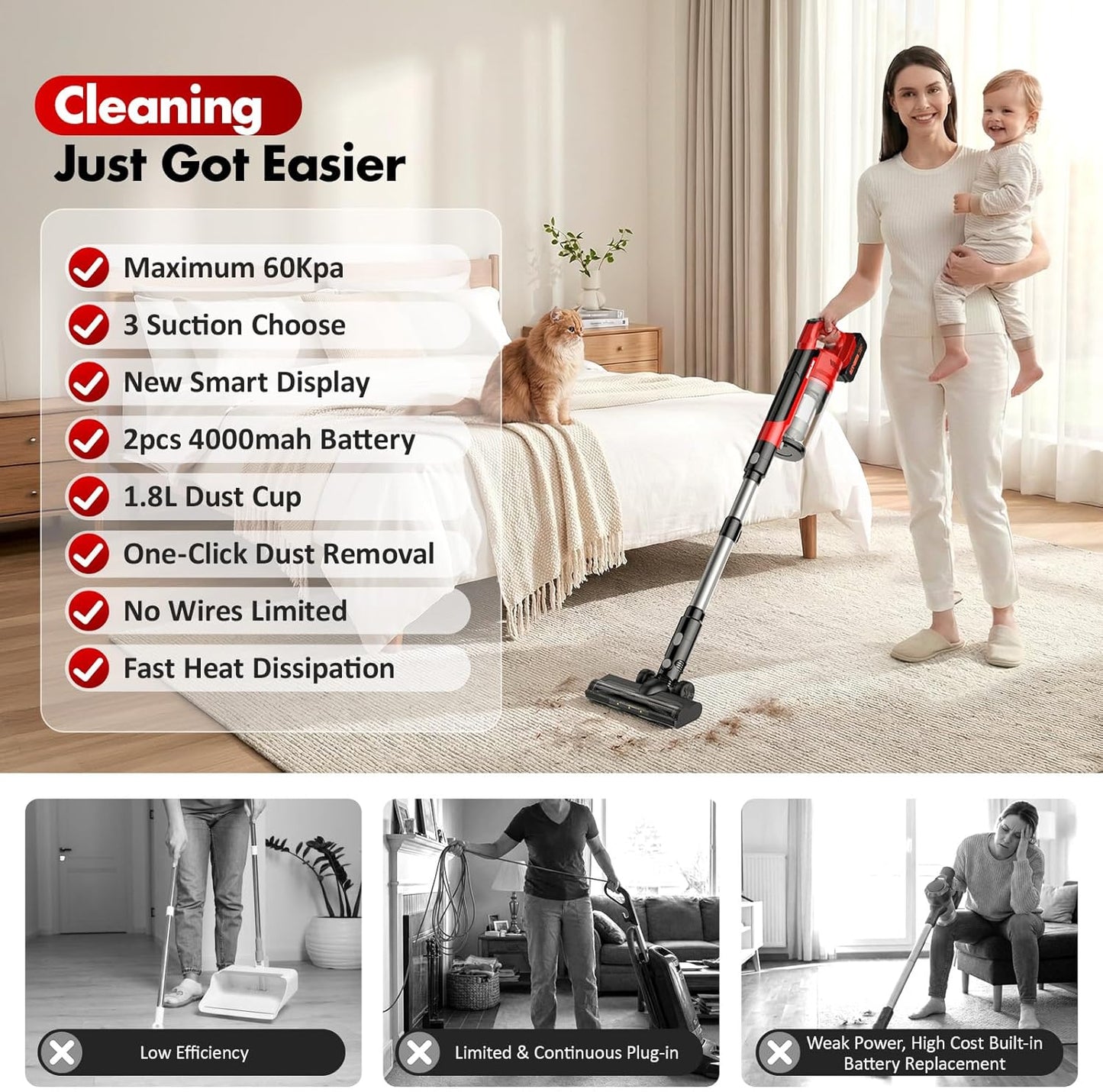 Skiennix Cordless Vacuum Cleaner - 8000mAh Battery, 6-in-1 Handheld & Stick Design for Pet Hair & Hardwood Floors (Red)