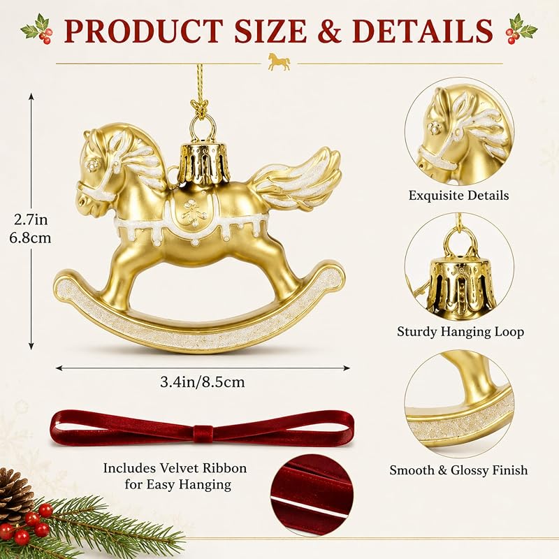 12 Pcs Christmas Rocking Horse Ornaments with Ribbon