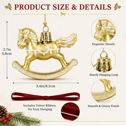 12 Pcs Christmas Rocking Horse Ornaments with Ribbon