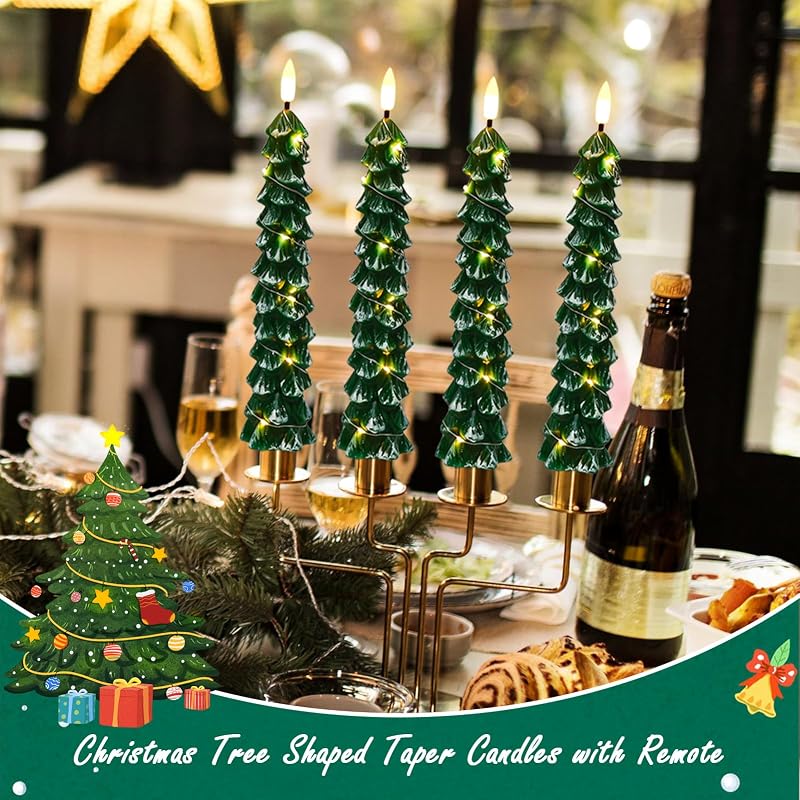 Tree Flameless Taper Candles with Remote - 4 Pack, Green Variation