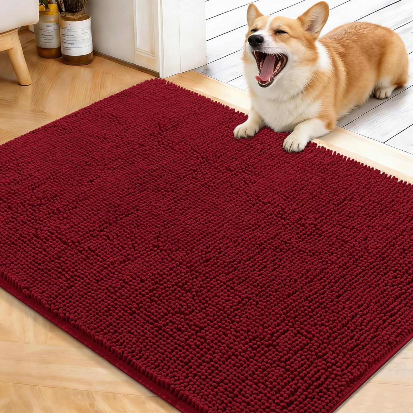 OLANLY Dog Door Mat - Absorbent Non-Slip Washable Chenille Mat for Muddy Paws | 40x32 Red