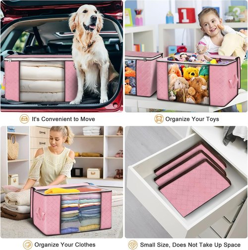 Budding Joy 90L Large Storage Bags - 4 Pack Foldable Closet Organizers for Clothes, Blankets & Toys | Pink