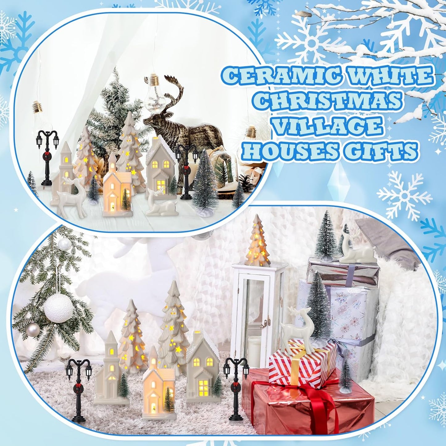 Nuogo 14 Pcs Ceramic White LED Christmas Village Houses Set | Includes Tree & Reindeer Figurine