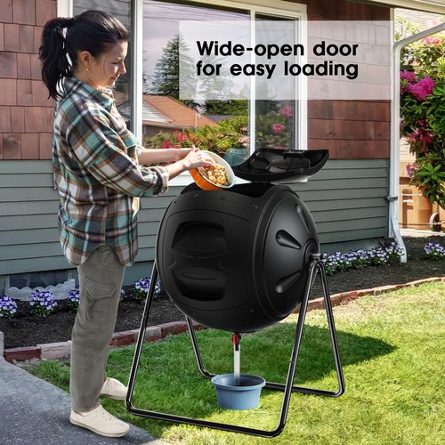 EJWOX Compost Tumbler, 35 Gallon Multipurpose Compost Bin, Heavy Duty Quick Work with Easy-to-Use Drain Plug for Liquid Collection, Black