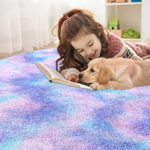 OLANLY Area Rugs for Living Room Bedroom, Machine Washable 4x5.9 Feet Soft Fluffy Shaggy Bedside Rug, Indoor Floor Carpet for Kids Girls and Boys, Nursery Room, Home Decor Aesthetic, Purple Rainbow