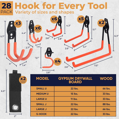 Steel Heavy Duty Garage Hooks by [Brand Name] - 28 Pack Anti-Slip Wall Mount Organizers for Bikes, Ladders, and Tools | Orange
