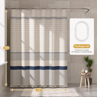 AmazerBath Boho Shower Curtain, Modern Farmhouse Shower Curtain Set with Tassels, Rustic Faux Linen Navy Blue Striped Shower Curtain with Hooks, Light Tan Toned, 72x72 Inches