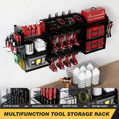 Power Tool Organizer - Heavy-Duty Wall Mount Storage Rack with Charging Station & 8 Outlet Power Strip | 51 Inch, 3 Tier, 8 Bin Shelves