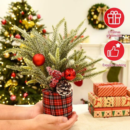 Buffalo Check Plaid Christmas Tree | 2 Pack Small Centerpiece Decor with Pine Cones & Berries