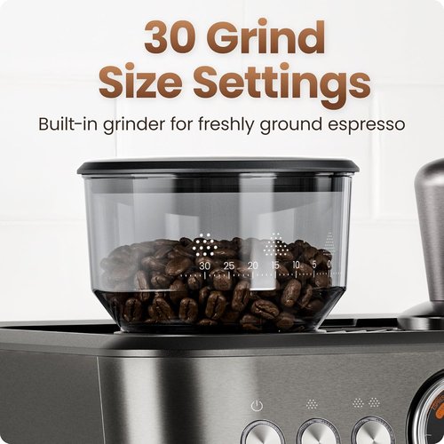 Chefman Crema Deluxe Espresso Machine - Double Boiler & Milk Frother | Professional Coffee Maker with Grinder & 30 Grind Settings