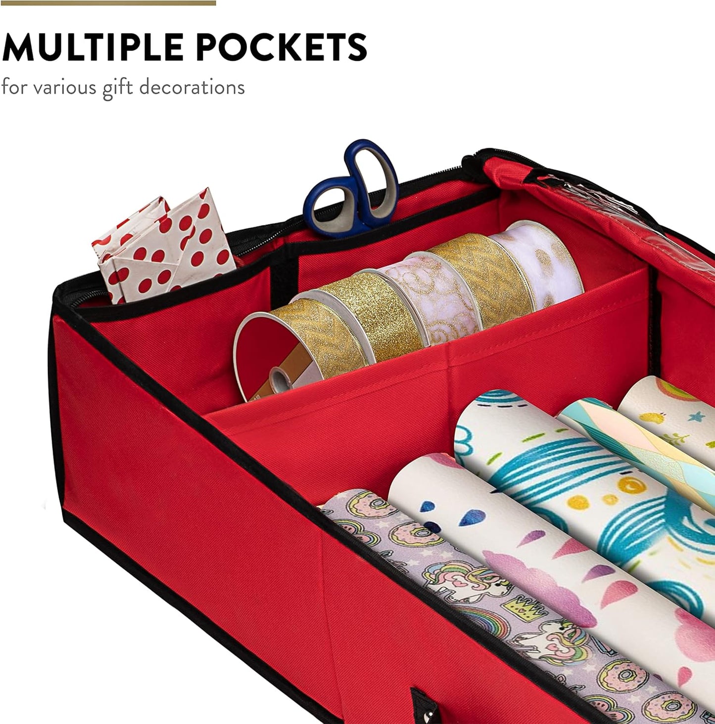 ZOBER Gift Wrapping Paper Organizer - 40" Storage for 24 Rolls with Pockets for Bows & Ribbons | Red/Black 600D Oxford