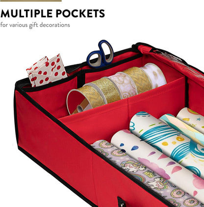 ZOBER Gift Wrapping Paper Organizer - 40" Storage for 24 Rolls with Pockets for Bows & Ribbons | Red/Black 600D Oxford