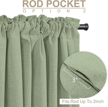 Skiennix 100% Blackout Linen Curtains - Thermal Insulated Drapes for Bedroom | 90" Long, Sage, 1 Panel Set