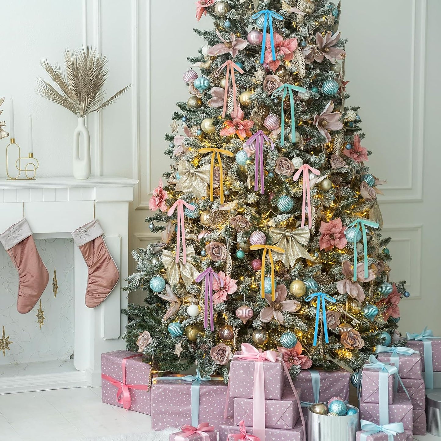 Skiennix 24 Pcs Velvet Bows - Vintage Ribbon Bows for Christmas Tree & Crafts | Pastel Rainbow, 5x7 Inch