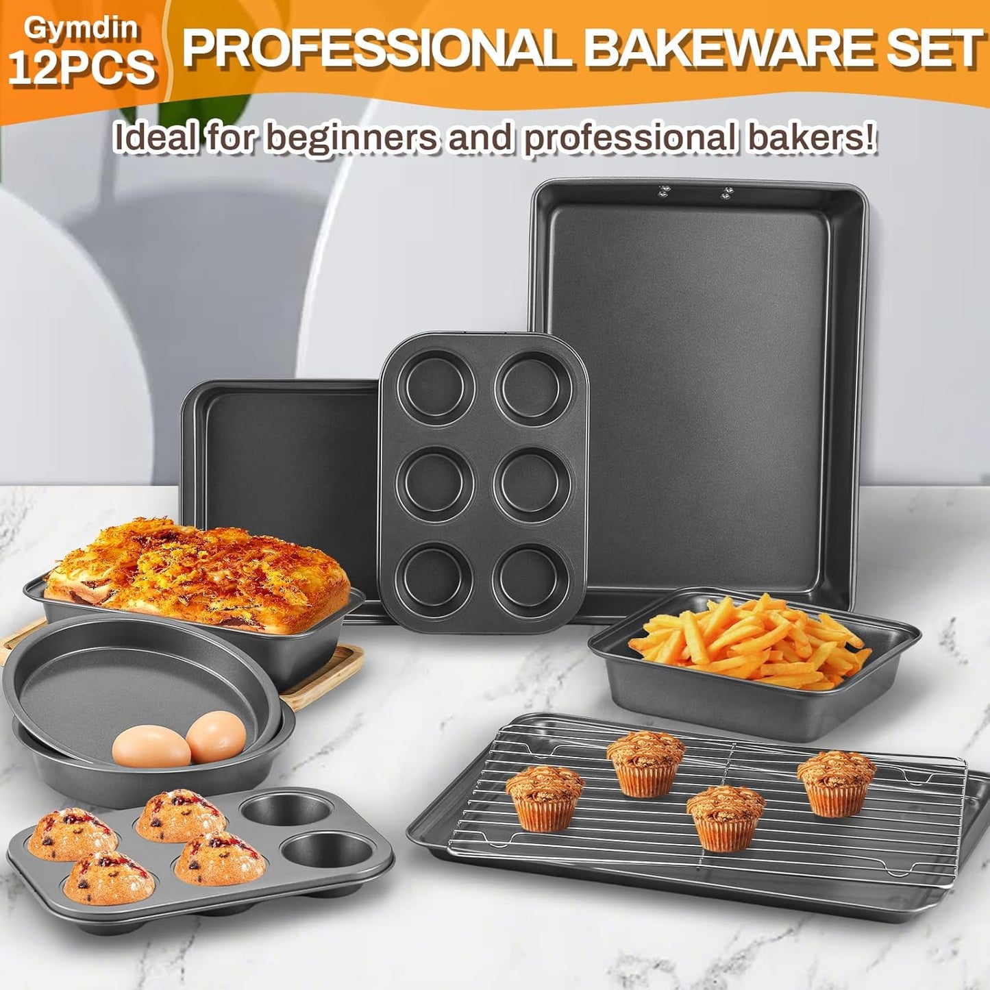 Skiennix Nonstick Bakeware Set - 12PCS Carbon Steel Baking Pans with Easy Grip & Oven Mitts