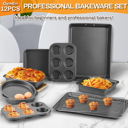 Skiennix Nonstick Bakeware Set - 12PCS Carbon Steel Baking Pans with Easy Grip & Oven Mitts