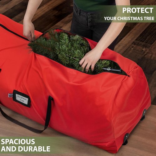 Holiday Cheer Christmas Tree Storage Bag - Heavy Duty Waterproof Bag with Wheels for 7.5ft Artificial Trees | Durable Handles & Zipper (Red)