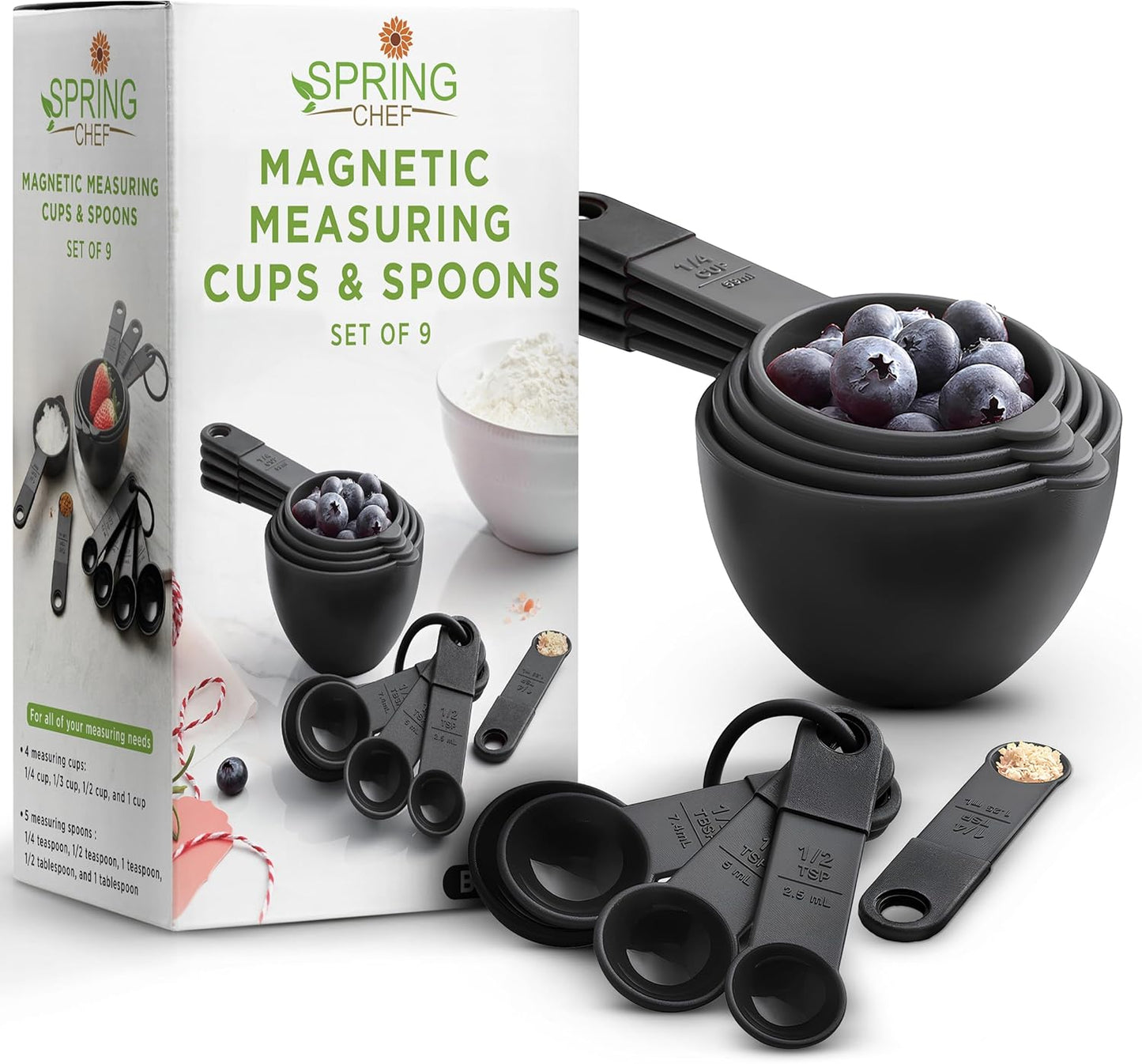 Spring Chef Magnetic Measuring Cups & Spoons Set - Nesting Kitchen Tools with Easy-to-Read Markings, BPA-Free, Black