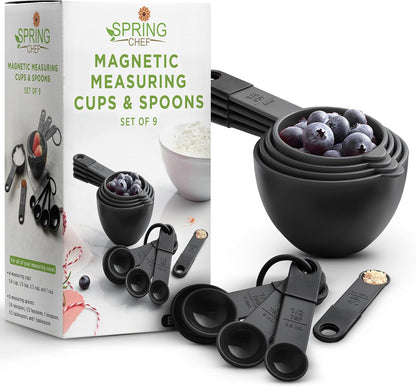 Spring Chef Magnetic Measuring Cups & Spoons Set - Nesting Kitchen Tools with Easy-to-Read Markings, BPA-Free, Black