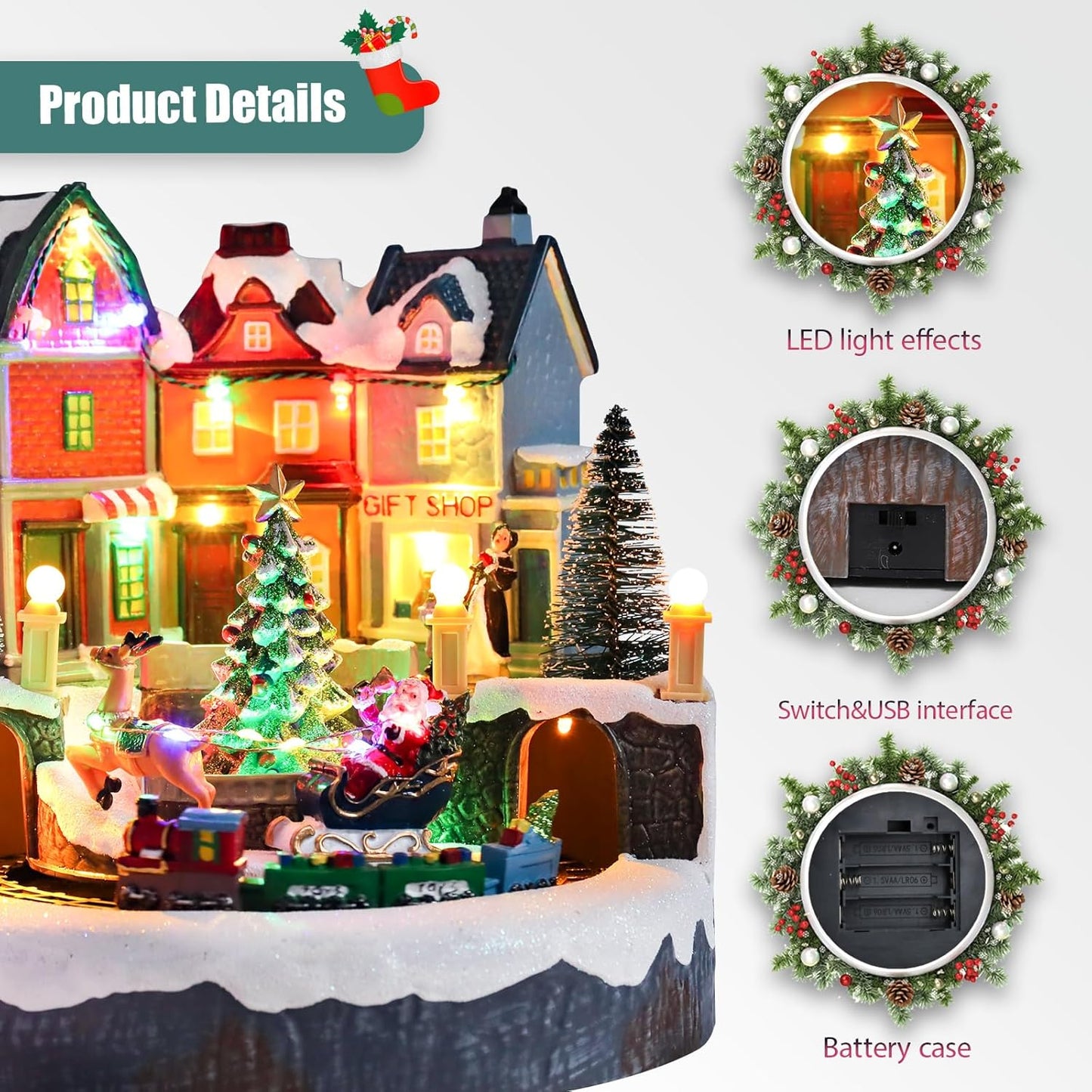 Afirst Christmas Village Houses - Lighted Collectible Figurines with Moving Train & Santa Sleigh | Musical Indoor Display
