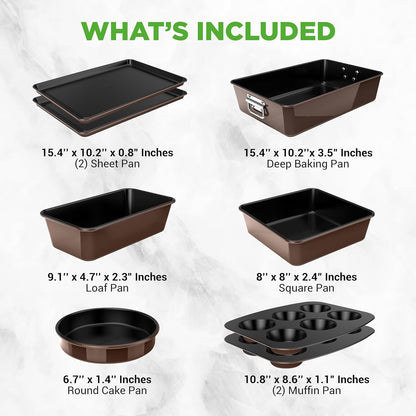 NutriChef 8-Piece Nonstick Bakeware Set - PFOA Free, Oven Safe to 450°F | Round, Loaf, Muffin & Cookie Pans (Brown)