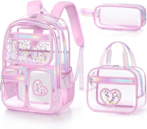 Fimibuke Clear Backpack for Girls - Heavy Duty PVC See-Through Bookbag with Lunch Box & Pencil Case | Pink