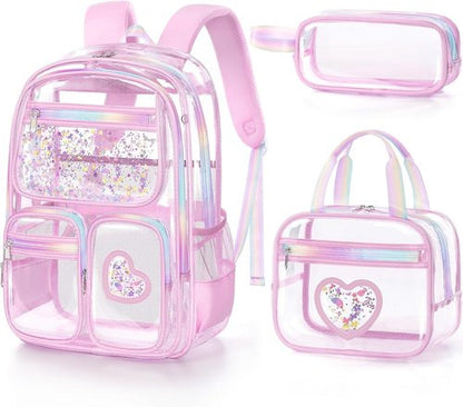 Fimibuke Clear Backpack for Girls - Heavy Duty PVC See-Through Bookbag with Lunch Box & Pencil Case | Pink
