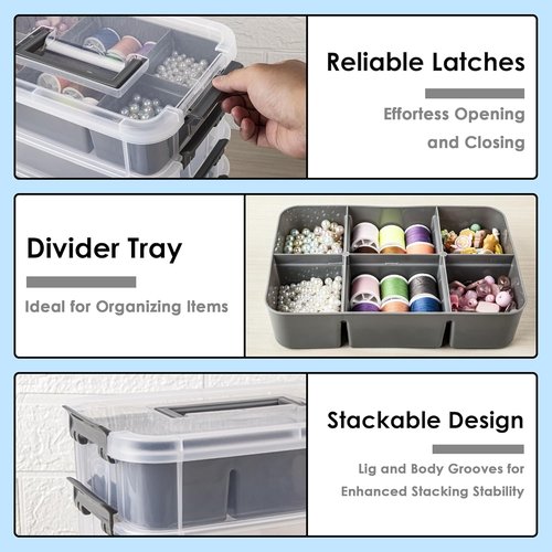 CraftGenes Grey & White Modern Plastic Storage Box - 4-Layer Durable Organizer with 2 Removable Trays for Crafts & Office Supplies