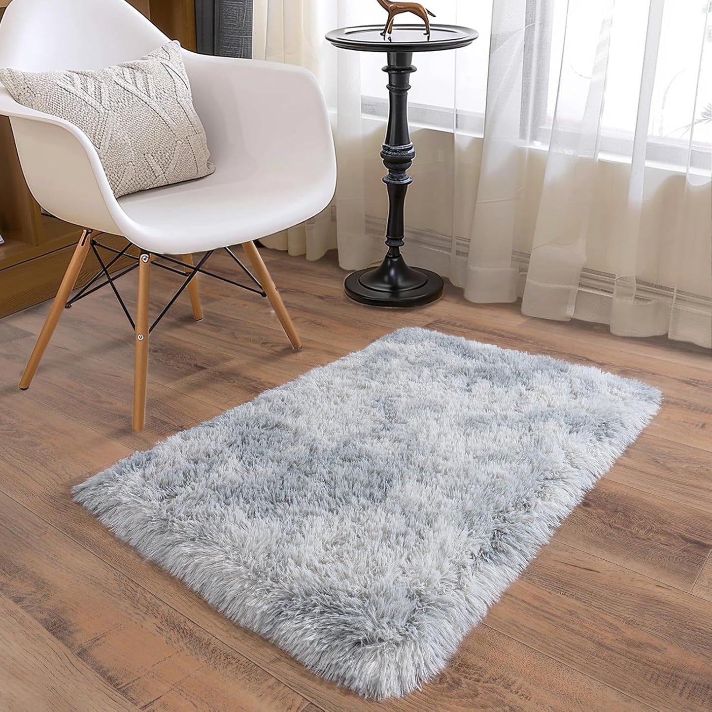 Skiennix Ultra Soft Runner Rug - Non-Slip Rubber Backing & Thick Memory Sponge | 2x3 Feet Light Grey Shag Area Rug