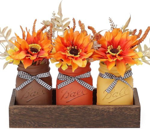 Fall Mason Jar Centerpiece | Set of 3 Decorative Jars with Artificial Flowers for Thanksgiving
