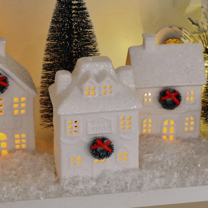 Mark Feldstein & Associates Holiday Wreath Village - 18-Piece White Porcelain LED Christmas Figurines with Trees