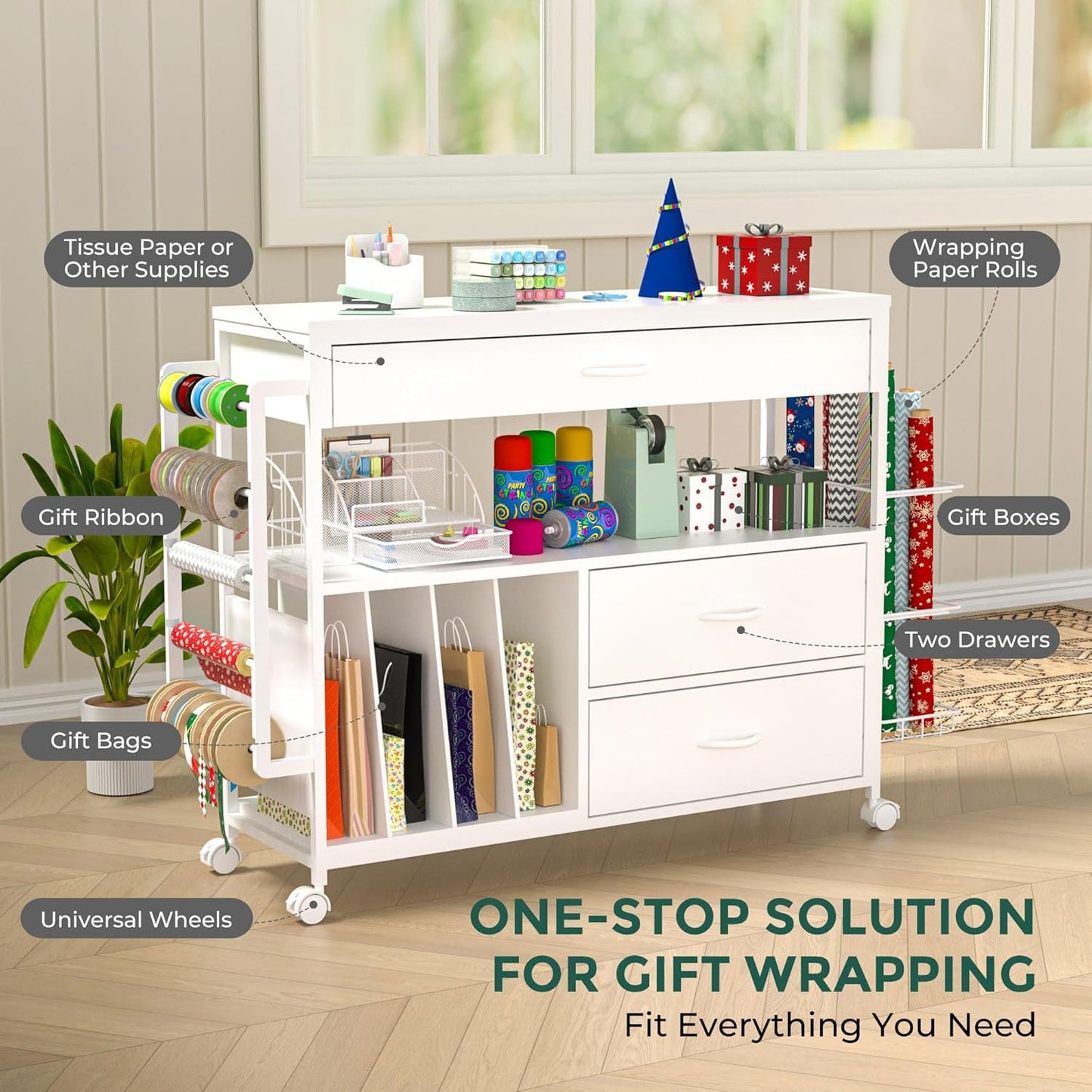 Skiennix Wrapping Paper Organizer - Stylish Craft Cart with Ribbon & Gift Bag Storage | 3 Wooden Drawers - White