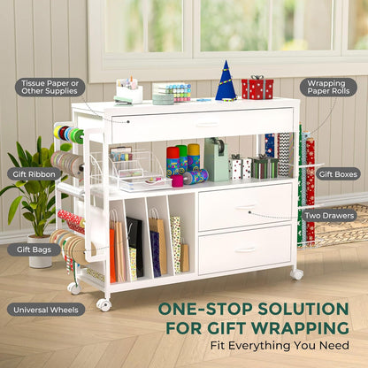 Skiennix Wrapping Paper Organizer - Stylish Craft Cart with Ribbon & Gift Bag Storage | 3 Wooden Drawers - White