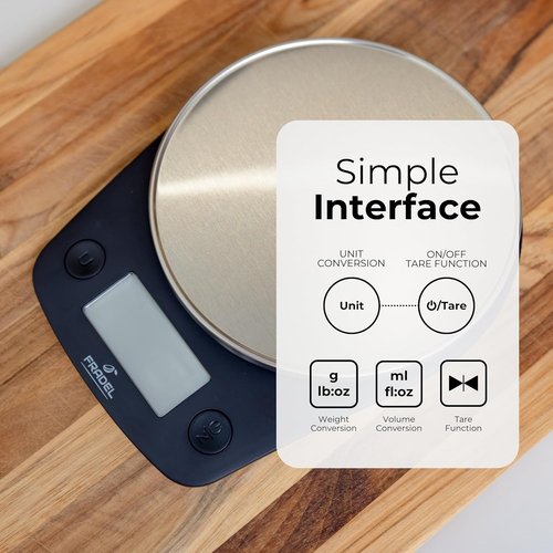 Fradel Digital Kitchen Food Scale - Accurate 0.1g Measurement in Grams & Ounces | 11lb Capacity, Round Design