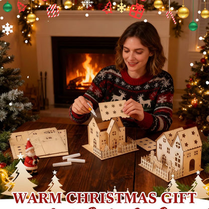 Qunclay Light Up Christmas Village Set - 4 Unfinished Wooden Houses for Holiday Crafts & Decorations