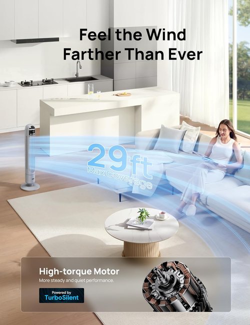 Dreo Tower Fan - 90° Oscillating Standing Fan with 3 Modes, 4 Speeds & 8H Timer - Grey
